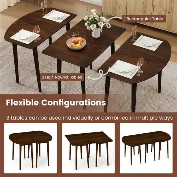 45" Extendable Dining Table Set, 2 Half-Round Tables Convertible To Oval For 4-6 People Walnut