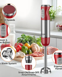 HB-2016A 5-in-1 Hand Immersion Blender, 30 Speeds Handheld Blender, Copper Motor Stainless Steel Blade Stick Blender,600ml Mixing Beaker,500ml Food Processor, Whisk, Milk Frother, BPA-Free, Red