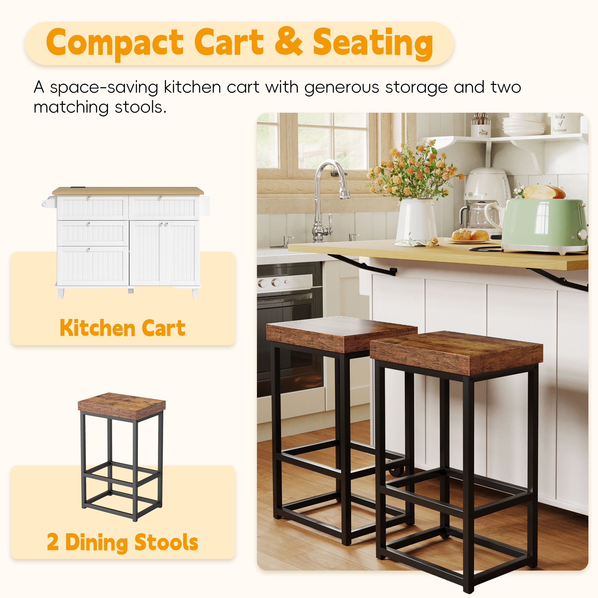 TOPMAx Farmhouse Kitchen Island With Drop Leaf And 2 Seatings  Kitchen Table Set With Storage Cabinet  Drawers  Door Shelves And Power Outlet  White