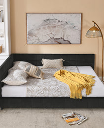 Queen Size Upholstered Tufted Bed Frame, Sofa Bed Frame With Comfortable Backrest And Armrests, Queen Size Bed For Bedroom, Living Room,Velvet, BLACK 85.5x64.5x30.5
