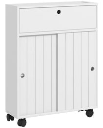 Toilet Paper Cabinet, Slim Bathroom Cabinet with 4 Rolling Wheels, Small Bathroom Storage Cabinet with Paper Holes, Sliding Doors and Adjustable Shelf for Small Space, White