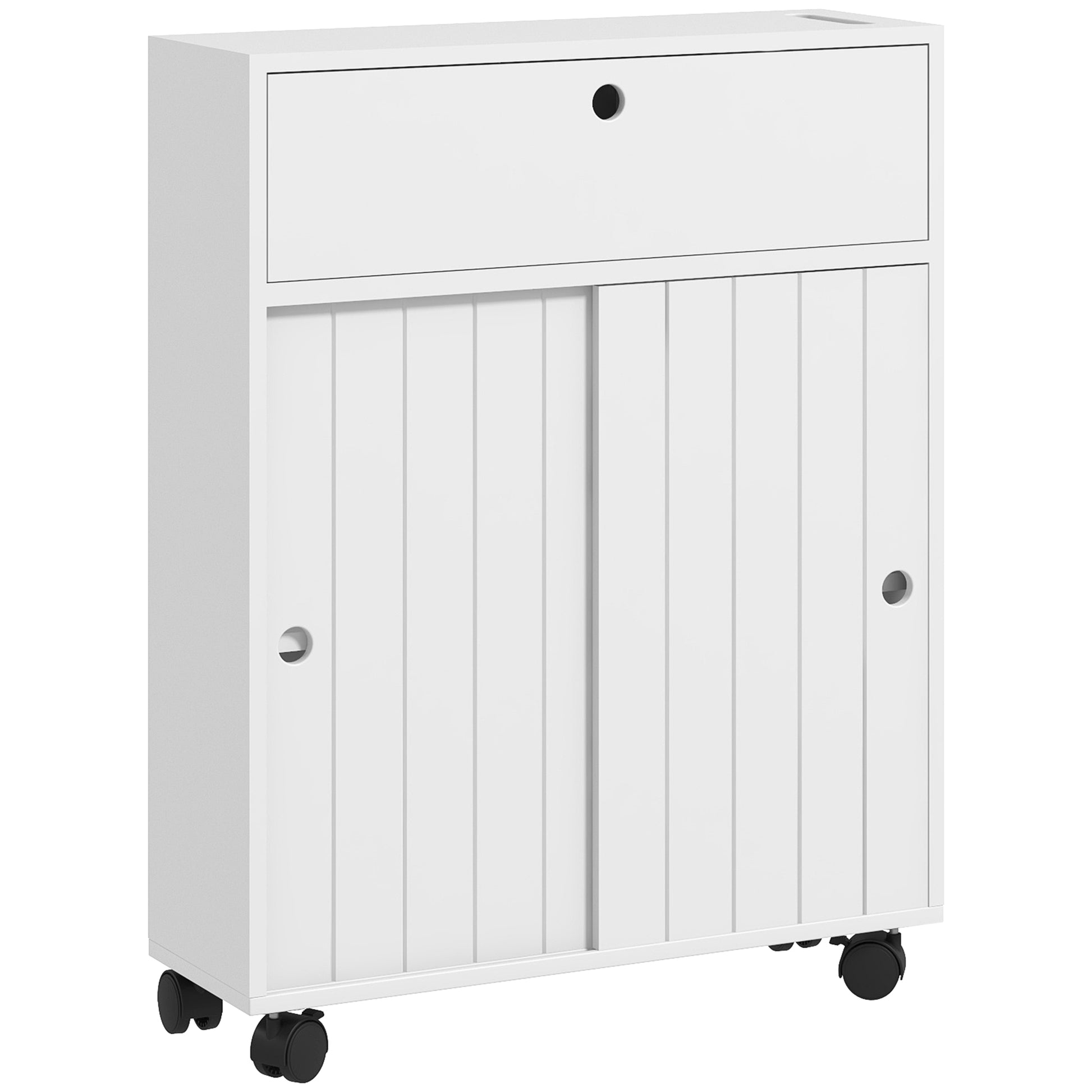 Toilet Paper Cabinet, Slim Bathroom Cabinet with 4 Rolling Wheels, Small Bathroom Storage Cabinet with Paper Holes, Sliding Doors and Adjustable Shelf for Small Space, White
