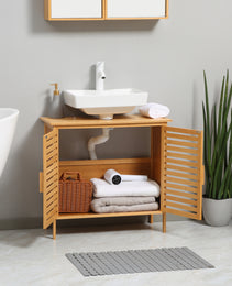 Freestanding Bathroom Sink Cabinet, Bamboo Under Sink Cabinet Cupboard Organizer with 2 Slatted Doors, Natural