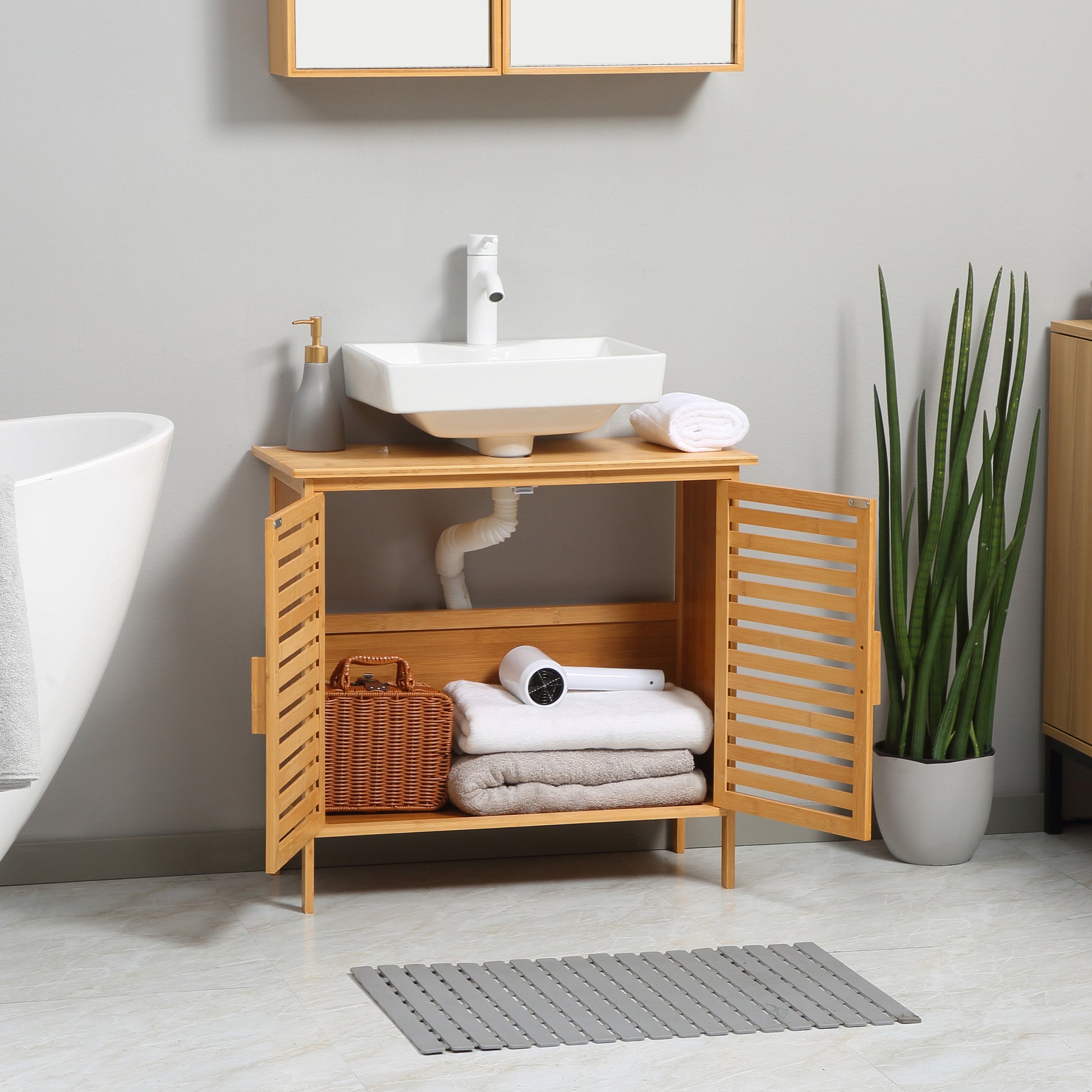 Freestanding Bathroom Sink Cabinet, Bamboo Under Sink Cabinet Cupboard Organizer with 2 Slatted Doors, Natural