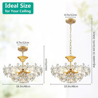Flower Crystal Chandelier for Dining Room, Living Room, Kitchen, Bedroom, 6-Light Floral Light Fixture, D18*H16~41Inch (Adjustable Height), K9 Crystal & Gold Finish