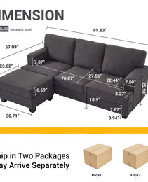 86'' L Shaped Couch With Armrest Organizer,3 Seats Sofas With Movable Ottoman,Comfy Sectional Sofa With Thick Cushion,Linen Sectional Couches For Living Room,Bedroom,Apartment,Dark Gray