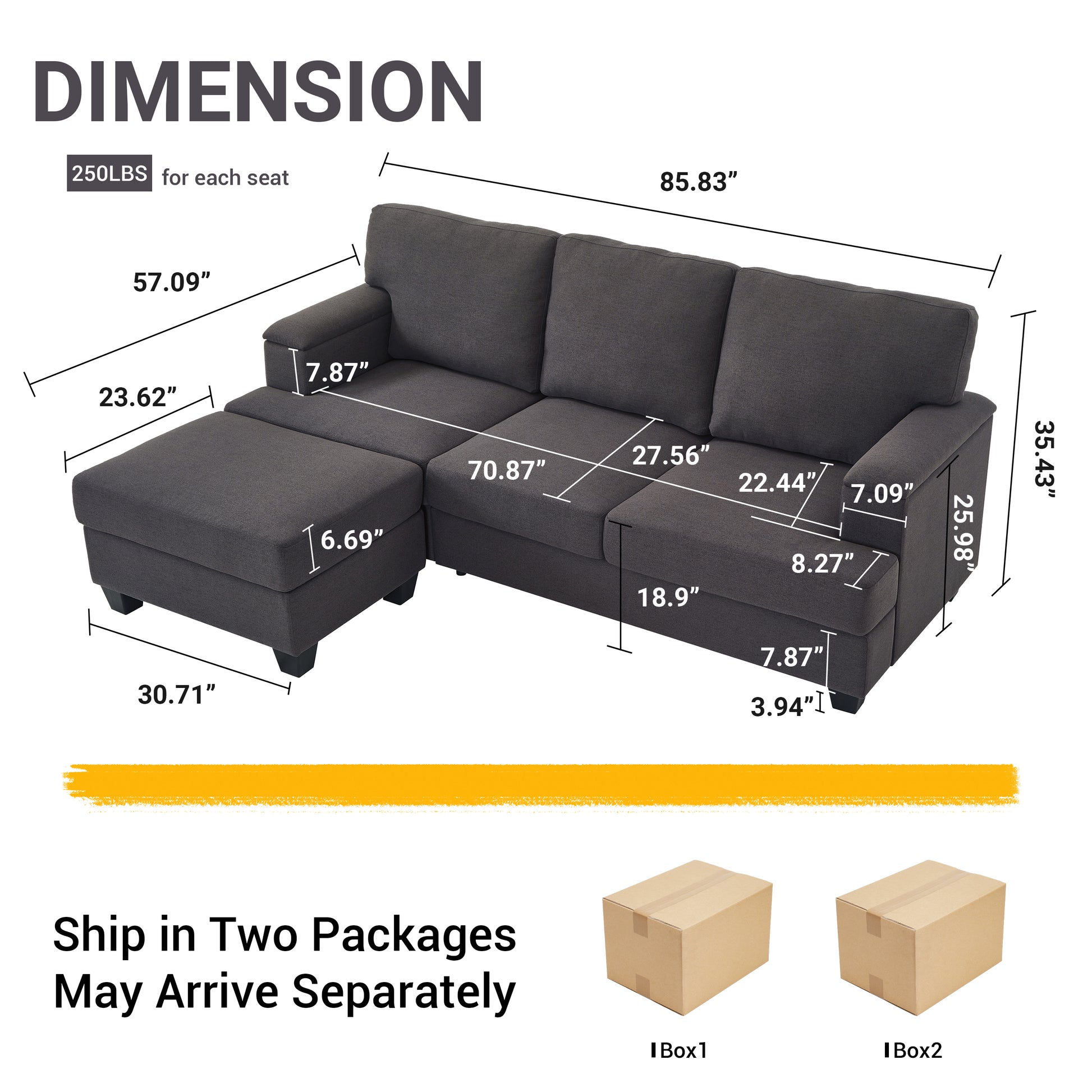 86'' L Shaped Couch With Armrest Organizer,3 Seats Sofas With Movable Ottoman,Comfy Sectional Sofa With Thick Cushion,Linen Sectional Couches For Living Room,Bedroom,Apartment,Dark Gray