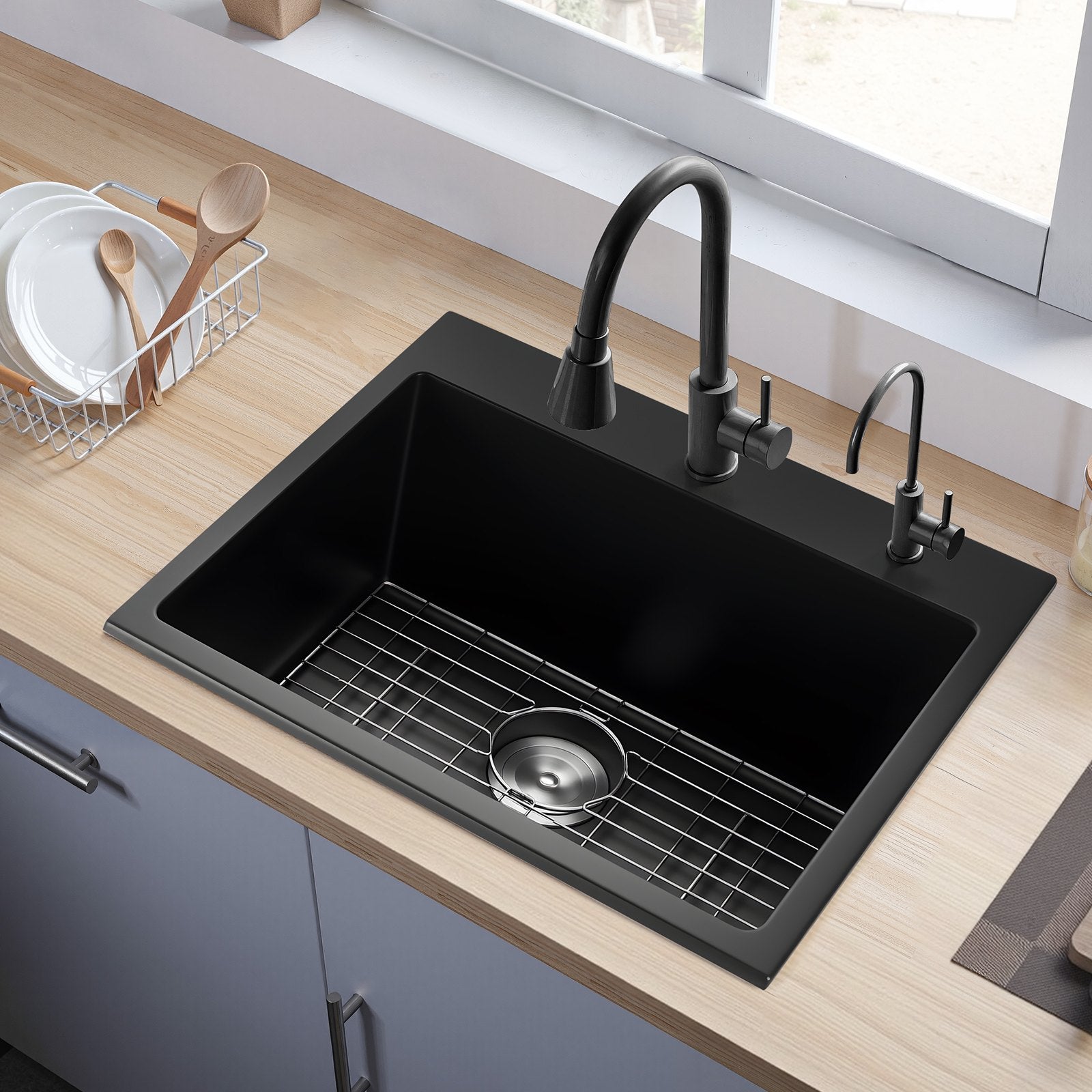 25 Inch Granite Kitchen Sink Top Mount Single Bowl Drop-In Basin For RV Bar