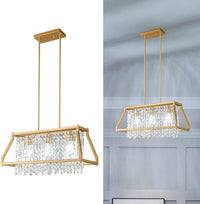 Modern Foyer Chandelier, Gold Crystal Chandelier Entryway Pendant Light Fixture, Square Adjustable Height Chandeliers for Kitchen Island, L15.74'' X H9.84''