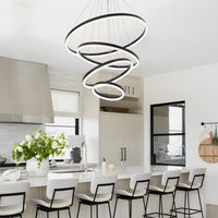 4 Ring Modern Black Chandelier, Circles Pendant Light Fixture for High Ceiling, Led Acrylic Chandelier, Dimmable 78.74'' High Ceiling Light with Remote for Dining Room Staircase Foyer