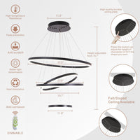 4 Ring Modern Black Chandelier, Circles Pendant Light Fixture for High Ceiling, Led Acrylic Chandelier, Dimmable 78.74'' High Ceiling Light with Remote for Dining Room Staircase Foyer