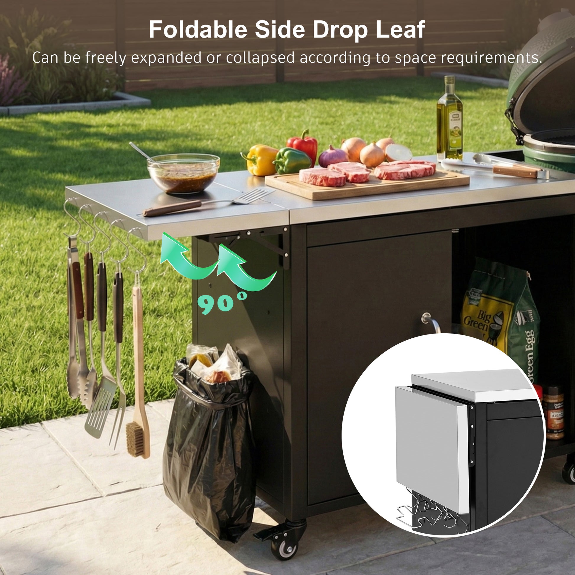 K&K 76.6  Outdoor Large Grill Cart With Storage Cabinet, Outdoor Kitchen Island With Steel Drop Leaf For Large Big Green Egg, Outdoor Grill Table With Adjustable Shelf & Hooks & Bottle Opener For BBQ