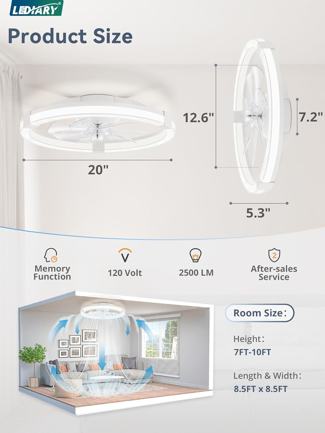 20 Inch White Ceiling Fan With Remote Control  LED Lighting