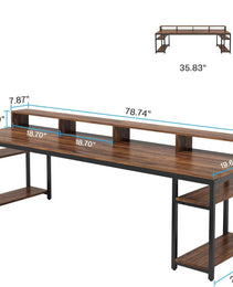 Two Person Desk With Monitor Stand, 78.74" Long Double Computer Office Desk With Storage Shelves, Large Gaming Study Writing Table