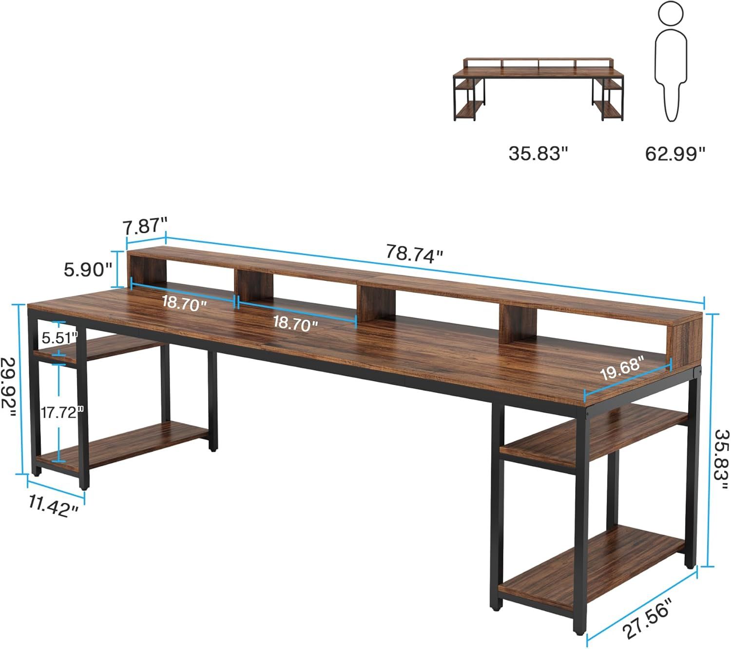 Two Person Desk With Monitor Stand, 78.74" Long Double Computer Office Desk With Storage Shelves, Large Gaming Study Writing Table
