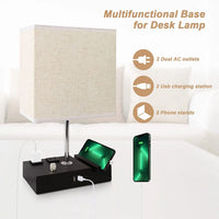 (3 Pack)  Bedside Table Lamp for Bedroom with Dual Fast USB Charging Ports, Fully Dimmable Nightstand Lamps with 2 Phone Stands and 2 Charging Outlets, Desk Lamp with Fabric Shade for Living Room