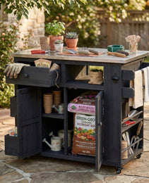 TOPMAx Outdoor Solid Wood Extendable 19.3  28  Kitchen Island  Stainless Steel Top Grill Table With Side Spice Rack  Kitchen Cart With Drawers  Storage Cabinet For Backyard  BBQ Party  Black
