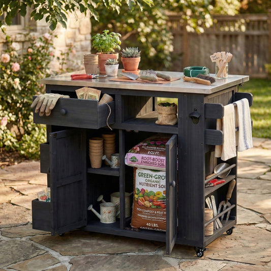 TOPMAx Outdoor Solid Wood Extendable 19.3  28  Kitchen Island  Stainless Steel Top Grill Table With Side Spice Rack  Kitchen Cart With Drawers  Storage Cabinet For Backyard  BBQ Party  Black