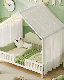 Montessori Floor Bed With Canopy, Full Bed Frame For Kids, House Shape Kids Bed Frame With High Railings, Wood Kids Bed With Roof, Kid Full Bed, White