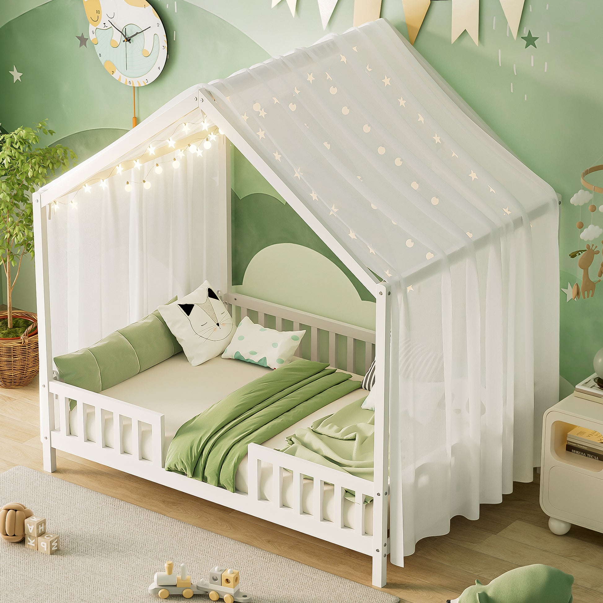 Montessori Floor Bed With Canopy, Full Bed Frame For Kids, House Shape Kids Bed Frame With High Railings, Wood Kids Bed With Roof, Kid Full Bed, White