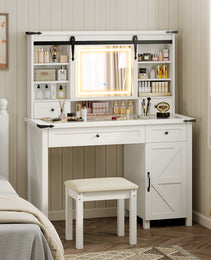 Vanity Desk Set With Mirror And Lights, Cushioned Stool, Storage Drawer, Cabinet, Shelves For Bedroom, White - CJDS
