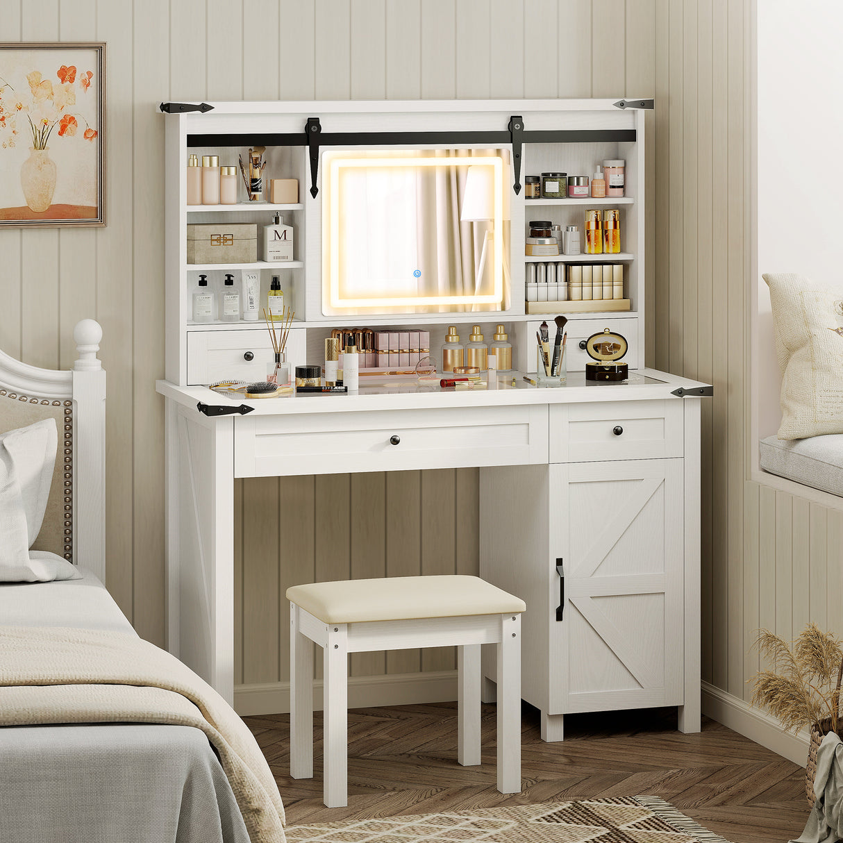 Vanity Desk Set With Mirror And Lights, Cushioned Stool, Storage Drawer, Cabinet, Shelves For Bedroom, White - CJDS