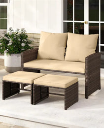 Outdoor Patio Furniture Set, PE Rattan Loveseat & 2 Ottomans Removable Cushions Metal Frame