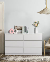 6 Drawer Double Dresser For Bedroom, Wide Storage Cabinet For Living Room Home Entryway, White