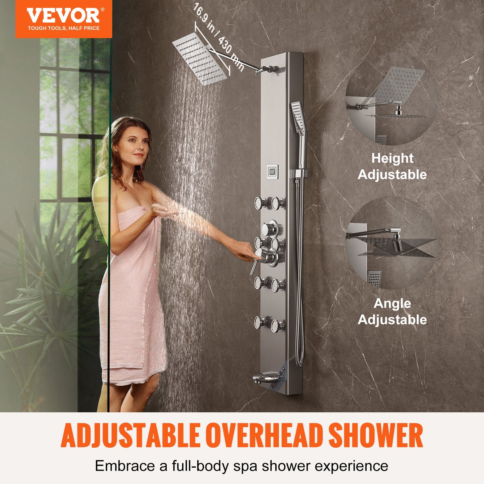 Shower Panel System, 5 Shower Modes, Digital Display Shower Panel Tower, Rainfall, 8 Massage Jets, Tub Spout, 3-Setting Handheld Shower Head 59 Hose, Stainless Steel Wall-Mounted Shower Set
