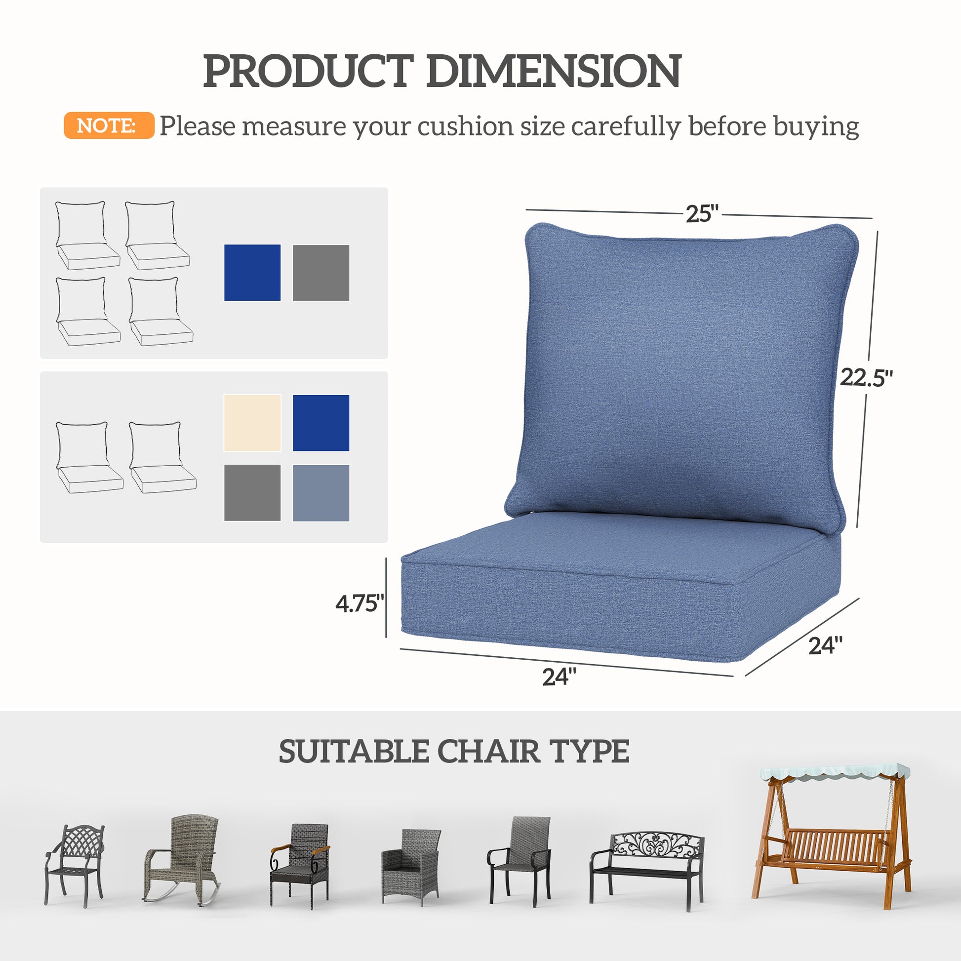 4 Patio Chair Cushions With Seat & Backrest, Fade Resistant Seat Replacement Cushion Set, Blue