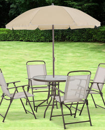 6-Piece Patio Dining Set With Umbrella, Folding Chairs & Glass Table, Beige - Outdoor Meal Setup