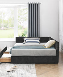 Full Size Storage Upholstered Tufted Bed Frame, Sofa Bed Frame With Comfortable Backrest And Armrests, Full Size Bed For Bedroom, Living Room,Velvet, BLACK 80.5x59x29.5