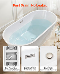 Acrylic Freestanding Bathtub, 59 Inch Contemporary Soaking White Tub With Brushed Nickel Overflow And Drain, Elegant Oval Shape Stand Alone Soaker Tub For Modern Bathroom Or Remodel Projects