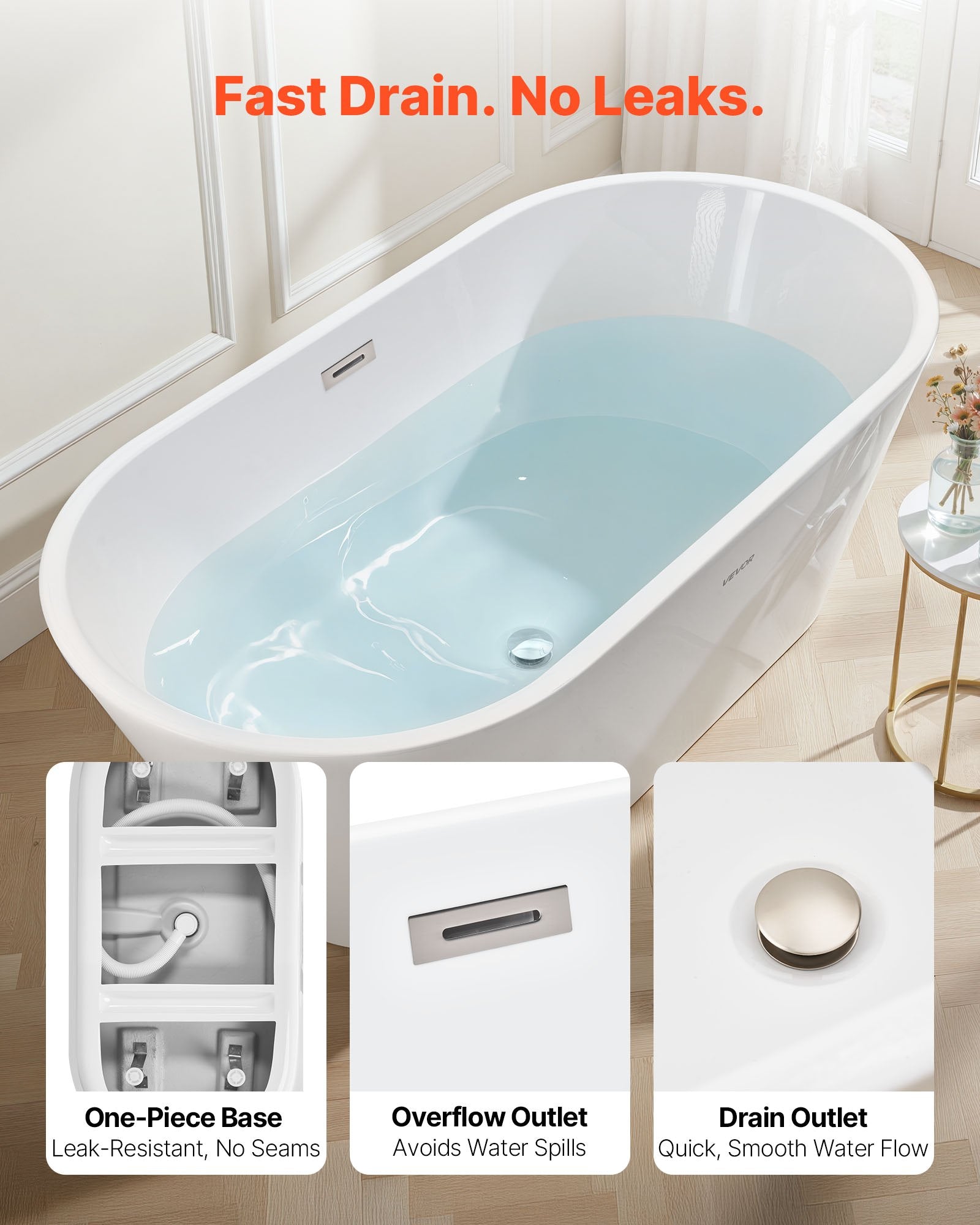 Acrylic Freestanding Bathtub, 59 Inch Contemporary Soaking White Tub With Brushed Nickel Overflow And Drain, Elegant Oval Shape Stand Alone Soaker Tub For Modern Bathroom Or Remodel Projects