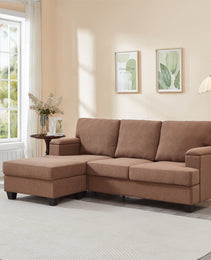 86'' L Shaped Couch With Armrest Organizer,3 Seats Sofas With Movable Ottoman,Comfy Sectional Sofa With Thick Cushion,Linen Sectional Couches For Living Room,Bedroom,Apartment,Brown