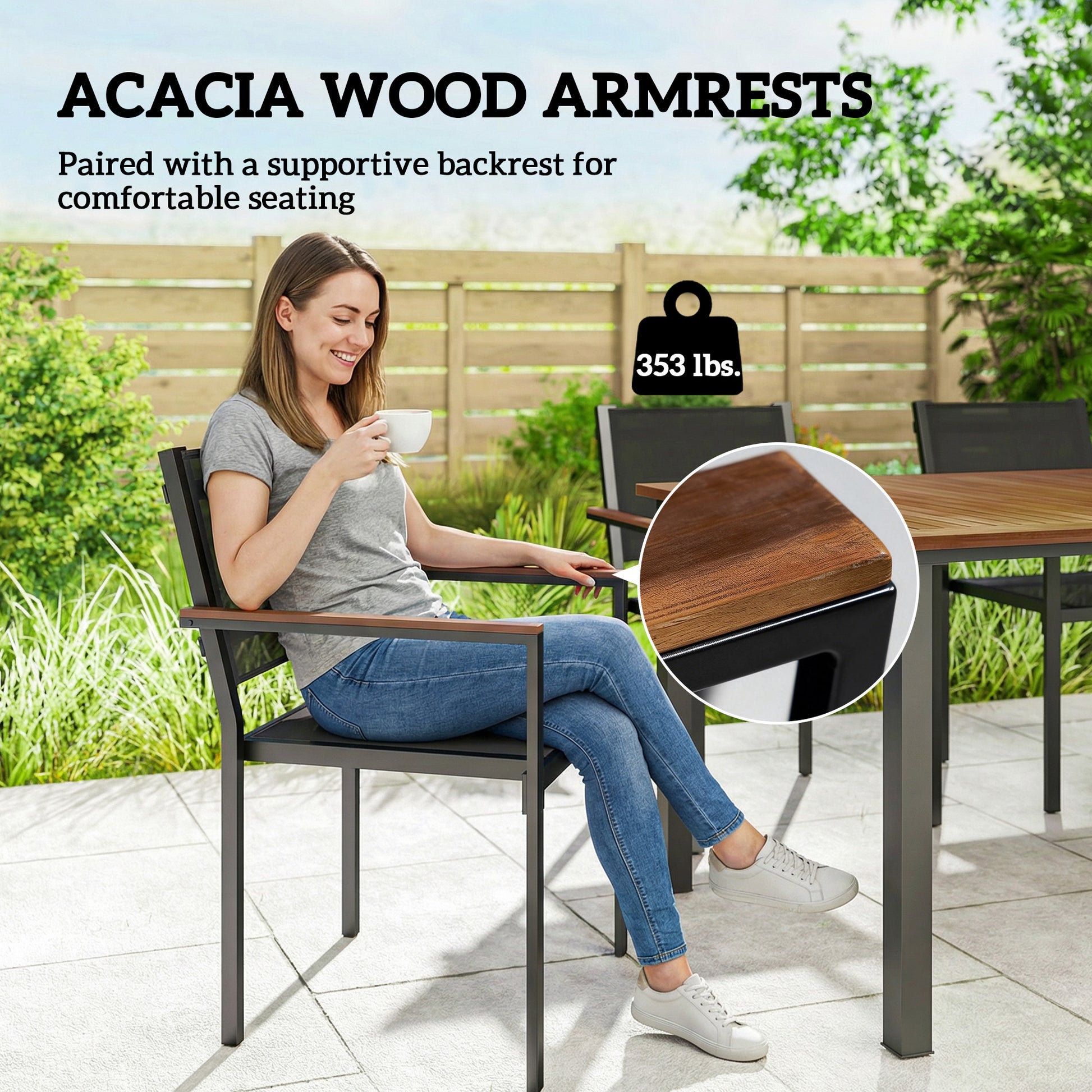 Outdoor Dining Set for 4, Patio Table and Chairs Set with 59" Rectangle Acacia Wood Table and 352 LBS Stackable Chairs