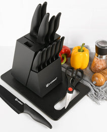 16 Pieces Kitchen Knife Block Set With Cutting Board, German Stainless Steel Knife Set With Sharpener, Dishwasher Safe, Anti-Slip Handle, 6 Steak Knives, Black