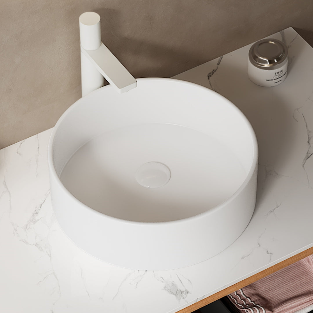 14 Bathroom Sink, Round Vessel Ceramic Basin Without Faucet, NO Cabinet, White