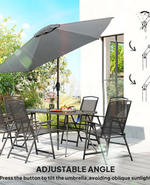 8 Piece Outdoor Dining Set, Patio Furniture Set with Umbrella, 6 Folding Chairs, Rectangle Table and Mesh Seat, Black