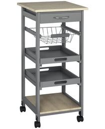 Mobile Kitchen Cart, Rolling Kitchen Island with Storage, Solid Wood Frame Utility Cart with Wire Fruit Baskets, Trays and Drawer, Gray