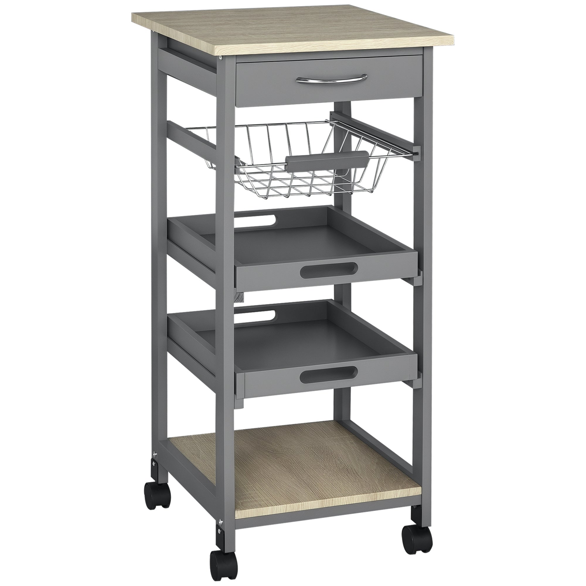 Mobile Kitchen Cart, Rolling Kitchen Island with Storage, Solid Wood Frame Utility Cart with Wire Fruit Baskets, Trays and Drawer, Gray