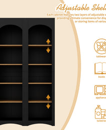 ON-TREND Free Standing 5 Tier Bookshelves, Bookcases Set Of 2, Farmhouse Two-Tone Storage Cabinet With Adjustable Shelves, Modern 72H Kitchen Pantry Cabinet For Living Room, Home Office, Black