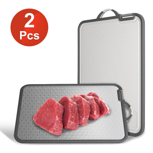 2Pcs Double-Sided Stainless Steel & PP Cutting Board Set – Non-Slip Kitchen Chopping Board with Knife Sharpener & Grinding Zone