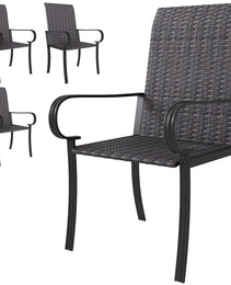 Set Of 4 Outdoor Wicker Dining Chairs With Armrest, Steel Frame, Highback And Deep Seating, Brown