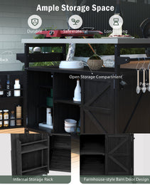 K&K Outdoor Kitchen Island, Rolling Bar Cart & Storage Cabinet, Farmhouse Solid Wood Outdoor Grill Table With Stainless Steel Top, Spice Rack , Towel Rack For Kitchen & Barbecue, Black