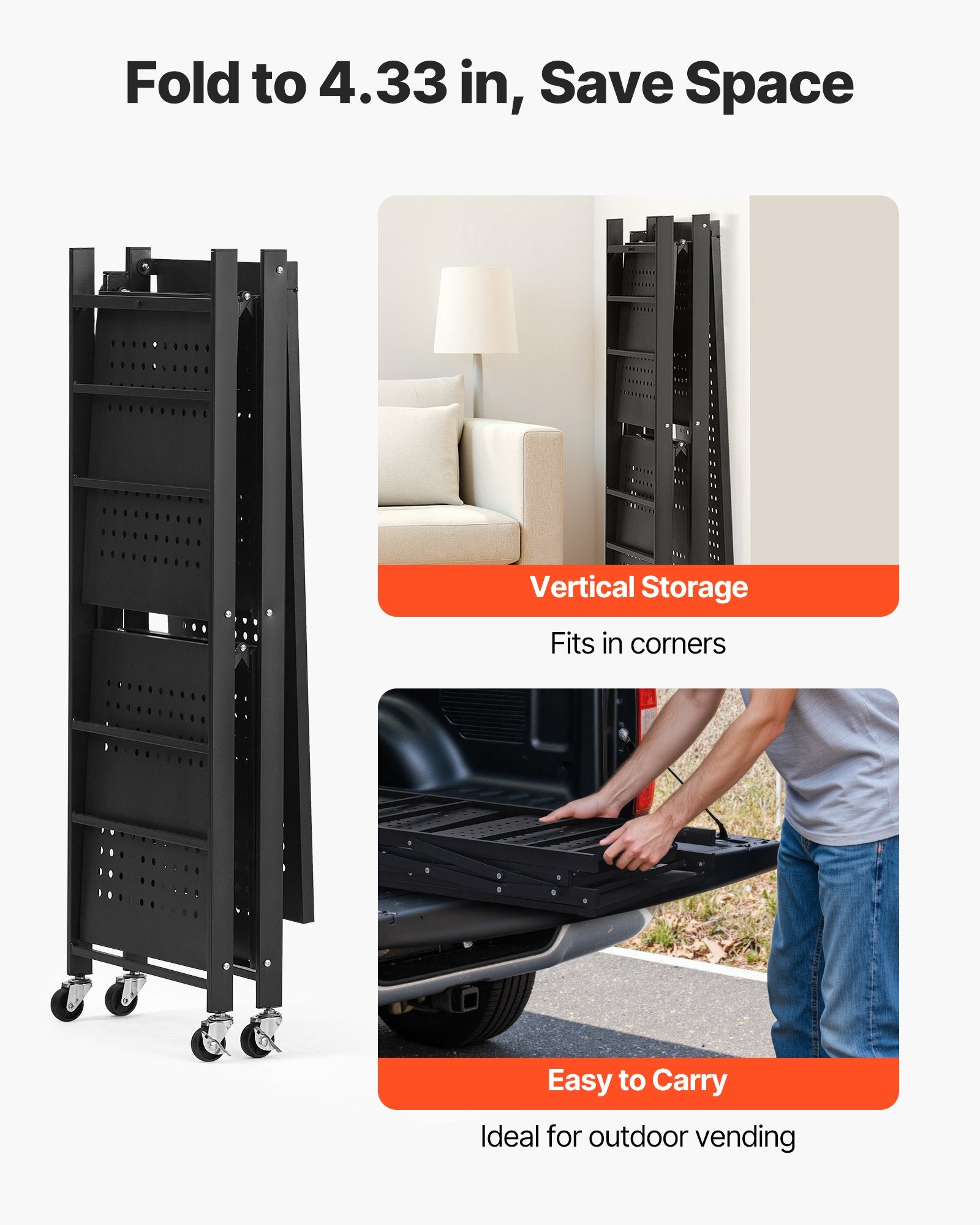 3-Tier Foldable Storage Shelf, 30W X 13D X 36H Inch Folding Metal Rack Shelving Unit, No Assembly Organizer Shelf With 5 Wheels & 4 Hooks For Pantry, Kitchen, Garage, Basement, Black