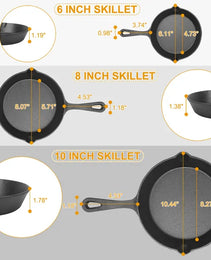 3Pcs Pre-Seasoned Cast Iron Skillet Set 6-8-10in Non-Stick Oven Safe Cookware Heat-Resistant Frying Pan