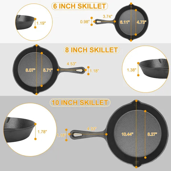 3Pcs Pre-Seasoned Cast Iron Skillet Set 6-8-10in Non-Stick Oven Safe Cookware Heat-Resistant Frying Pan