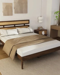 Double Rattan Woven Headboard, Bohemian Style, Painted Finish, Pine Wood, Dark Walnut Color, Queen Size Wooden Bed