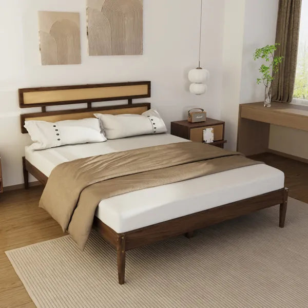Double Rattan Woven Headboard, Bohemian Style, Painted Finish, Pine Wood, Dark Walnut Color, Queen Size Wooden Bed